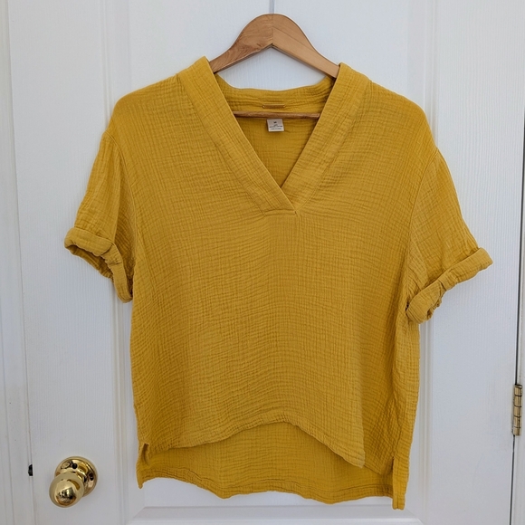 Magaschoni Mustard Yellow V-Neck Top – Rolled Sleeve Blouse, Women’s Medium #108 - Picture 1 of 3
